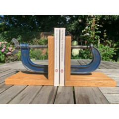 Solid Oak Bookends, Vintage Record G Clamp