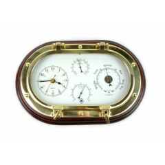 Mahogany Wood Brass Oval Porthole Quartz Clock Barometer Thermometer Hygrometer
