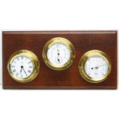 FCC 85mm Barometer, Clock, and Thermometer / Hygrometer on a Walnut Finish Base