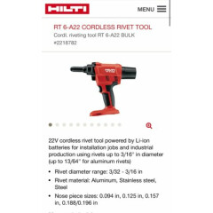 HILTI RT 6-A22 CORDLESS RIVET TOOL + 2 BATTERY + 1 CHARGER NEW IN BOX!