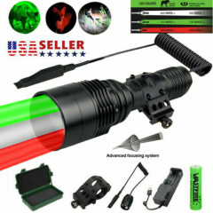 10000Lm Tactical Hunting Flashlight Torch Red Green/White LED Scope Mount Rifle