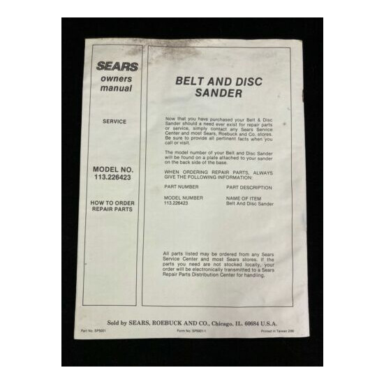 1986 SEARS CRAFTSMAN BELT & DISC SANDER 113.226423 OWNER'S MANUAL & PARTS LIST image {2}