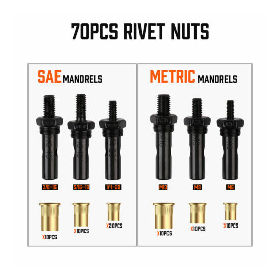 14'' Rivet Gun Kit Rivnut Thread Setting Tool Nut Setter NutSert Metric 70PCS image {3}
