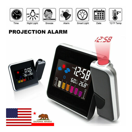 LED Digital Projection Snooze Alarm Clock Weather Thermometer Humidity Monitor image {1}
