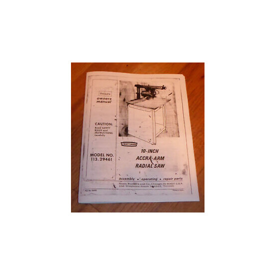SEARS CRAFTSMAN 10 INCH RADIAL ARM SAW OWNERS MANUAL 113.29461 29461 ACCRA ARM image {1}