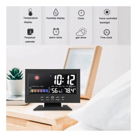 Desk Digital Alarm Clock Weather Thermometer LED Temperature Humidity Monitor image {3}