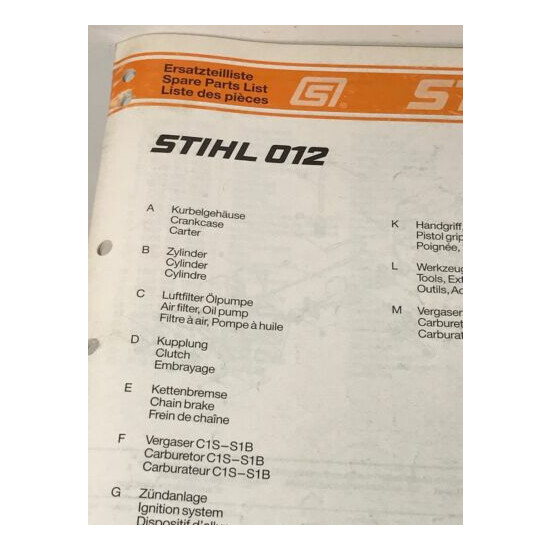 Stihl Chainsaw Dealership Spare Replacement Parts List Catalog Stihl 012 image {2}