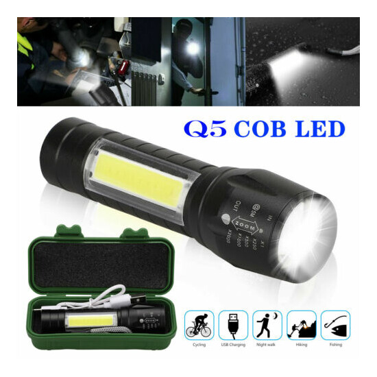 LED Torch USB Rechargeable Flashlight Police Zoomable Camping Hiking Lamp Small image {13}