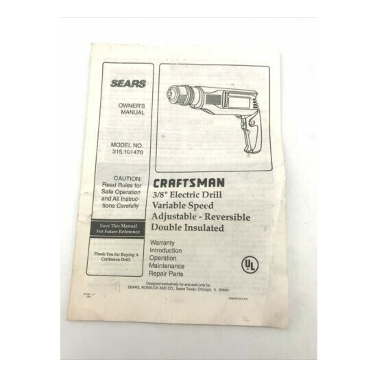 1991 Sears Craftsman 3/8 Inch Electric Drill Owners Manual 315.101470  image {1}