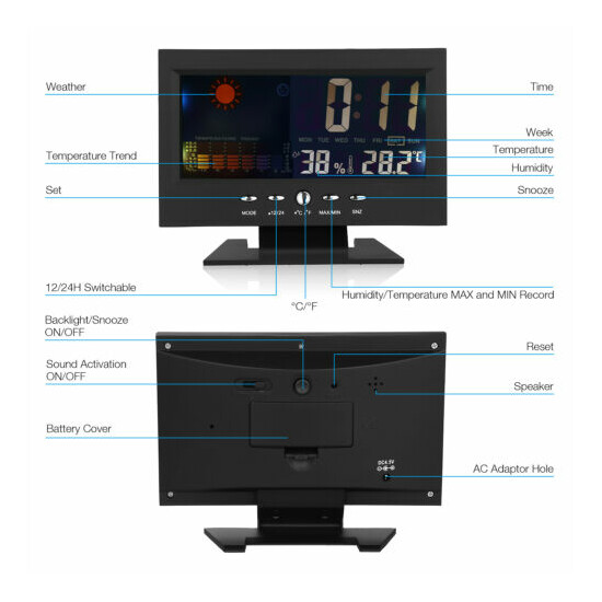 LED Digital Alarm Clock Snooze Calendar Thermometer Hygrometer Weather Display  image {5}