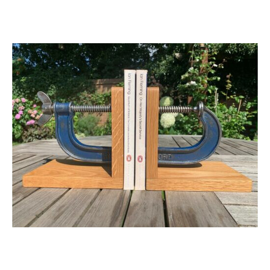 Solid Oak Bookends, Vintage Record G Clamp image {1}