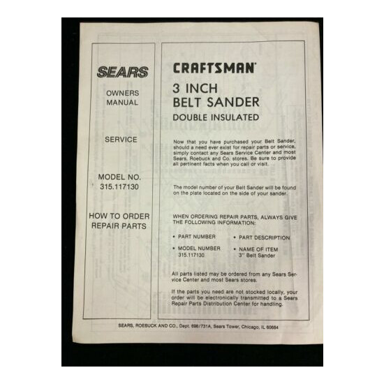 1986 SEARS CRAFTSMAN 3" BELT SANDER 315.117130 OWNER'S MANUAL & PARTS LIST image {2}