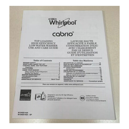 Whirlpool Cabrio Top-Loading High Efficiency Low-Water Washer Use And Care Guide image {1}