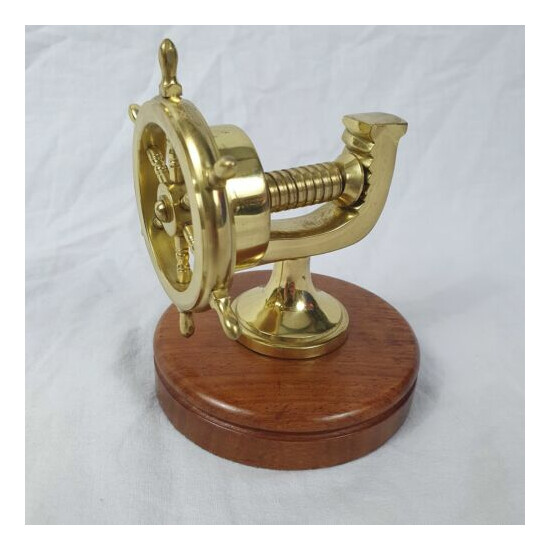Vintage Nautical Nut Cracker Brass Ships Wheel Clamp On Turned Hardwood image {1}
