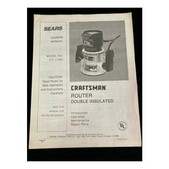 1985 SEARS CRAFTSMAN ROUTER 315.17492 OWNER'S MANUAL & PARTS LIST image {1}