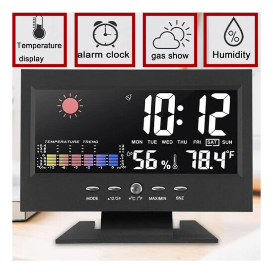 Desk Digital Alarm Clock Weather Thermometer LED Temperature Humidity Monitor image {1}