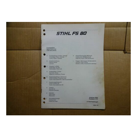 Stihl FS 80 Trimmer Parts Catalog List Manual 4/88 image {1}