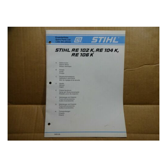 Stihl RE 102 104 106 K Pressure Washer Parts Catalog List Manual 9/93 image {1}