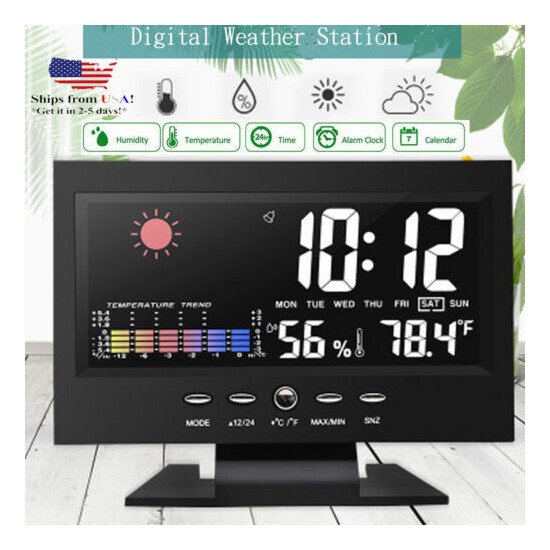 LED Digital Alarm Clock Snooze Calendar Thermometer Hygrometer Weather Display  image {1}