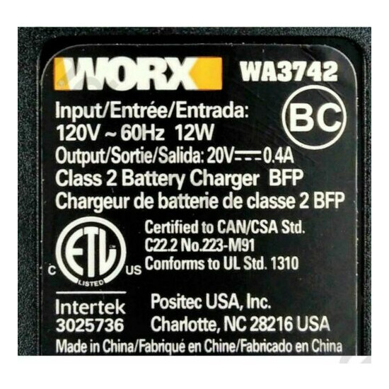 WORX WA3742 Genuine 20V MAX Li-Ion Battery Charger for WA3520 WA3525 WA3575  image {2}