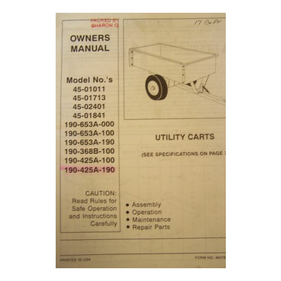 OWNER'S MANUAL FOR UTILITY CARTS 45-01011 THRU 190-425A-190 image {1}