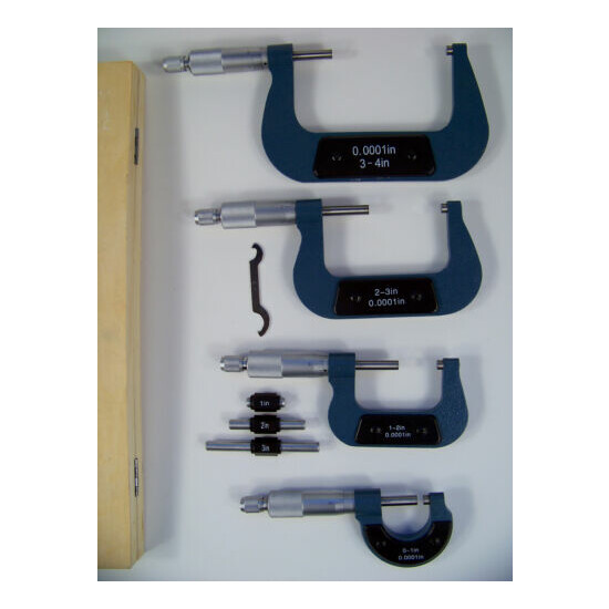 4pc. 0 to 4 inch MICROMETER SET with Wooden Case and Calibrating Mic Standards image {1}